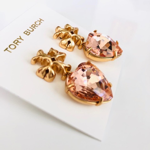 NEW Tory Burch Roxanne Pale Papaya Crystal Drop Earrings - Picture 2 of 5